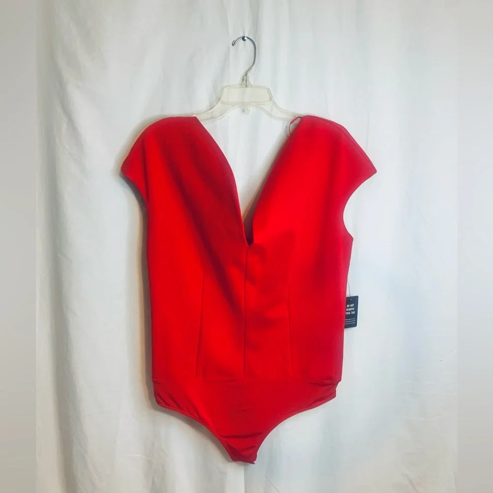 Express Fitted Ponte Sweetheart Neckline Off The Shoulder Red Bodysuit. SKU 139 - Picture 3 of 11